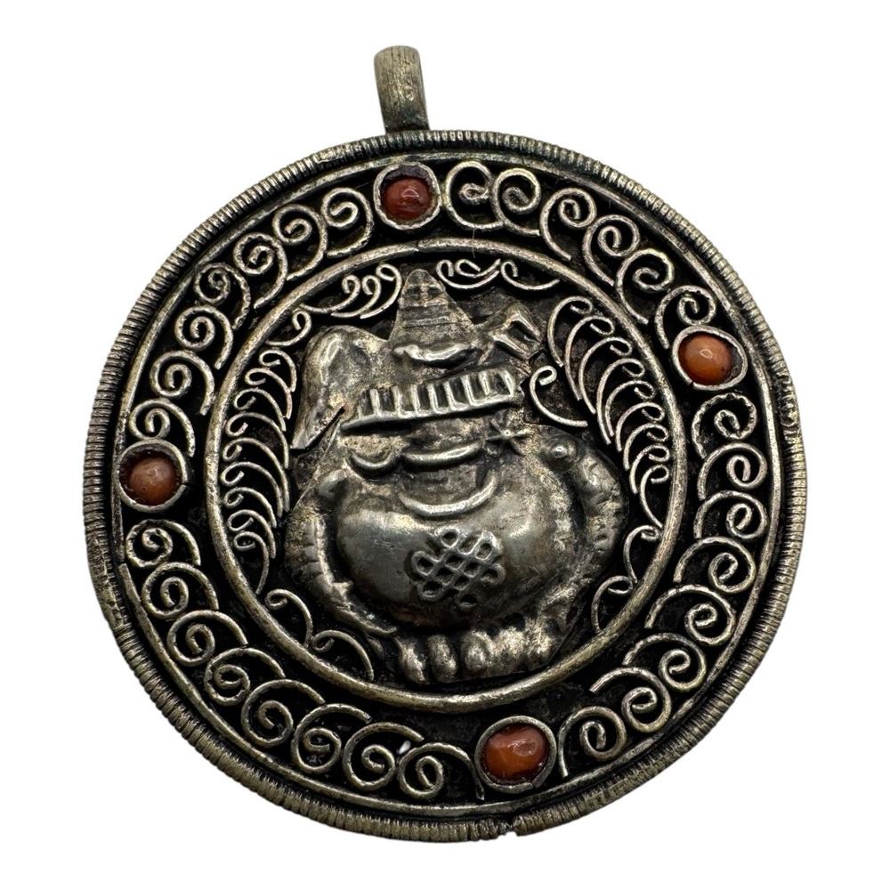 Vintage 1” Round Buddha Pendant with‎ Ornate Scrollwork & Red Stones